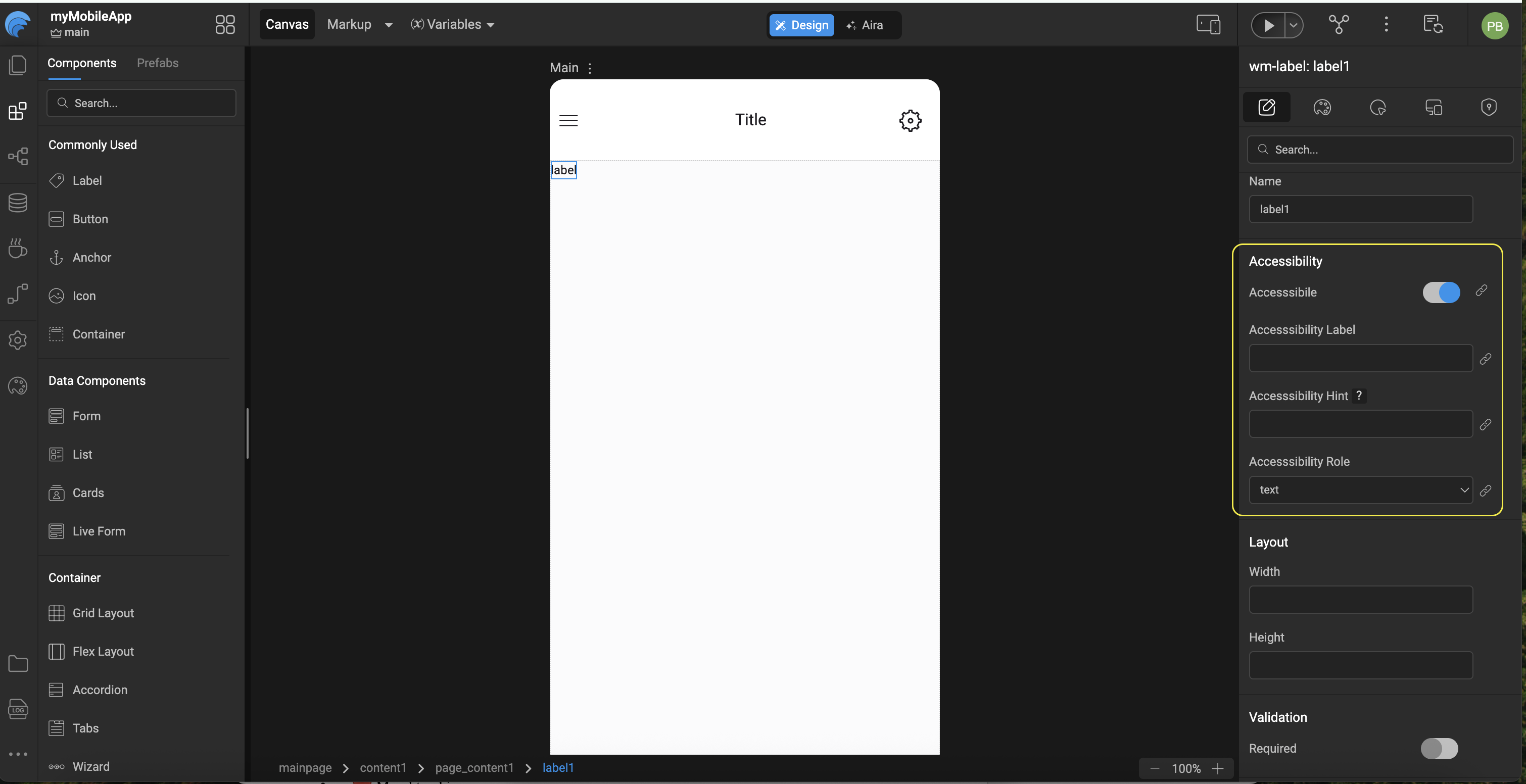 WaveMaker Studio Properties panel with the Accessibility section open for a Label widget, showing Accessible, Accessibility label, Hint, and Accessibility role fields
