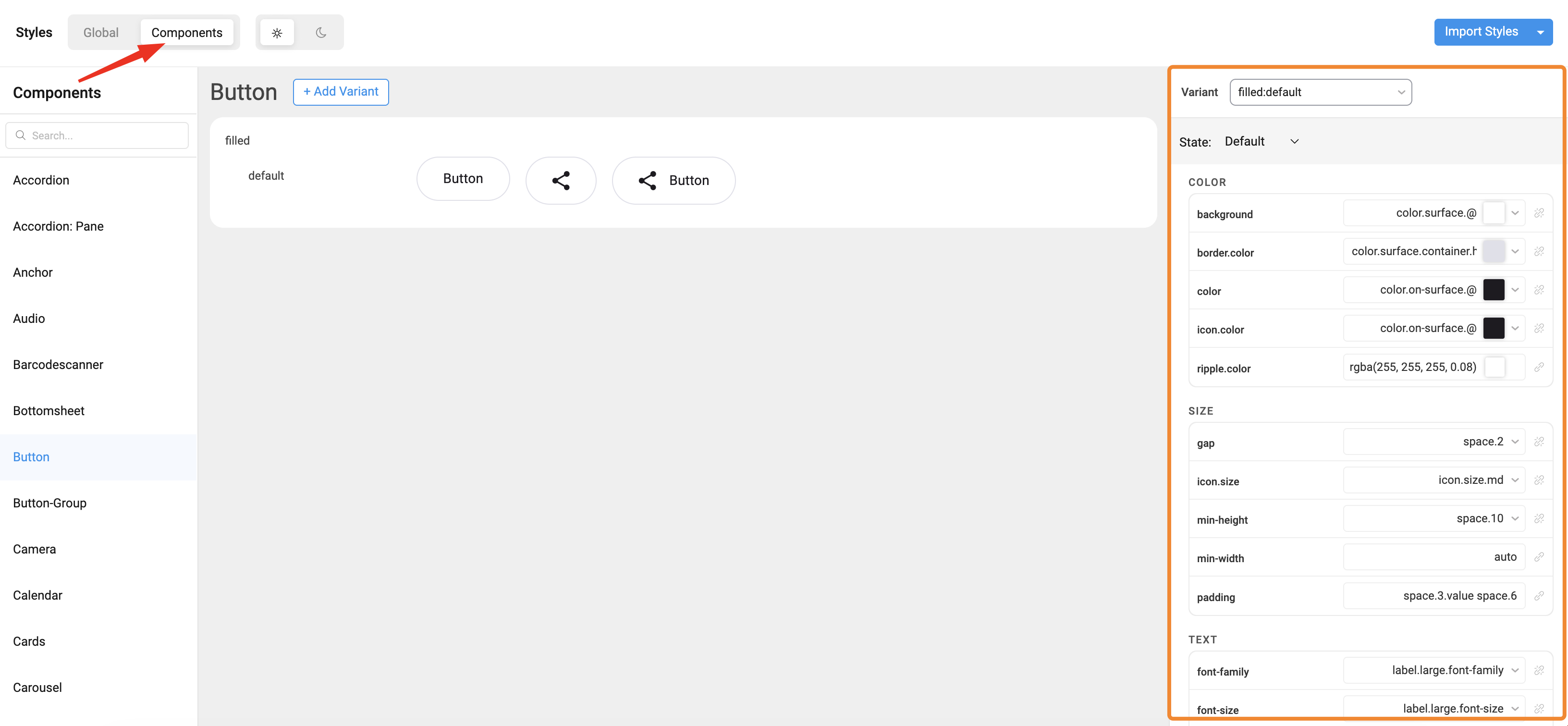 Components tab in Style Workspace with Button selected and color, size, and text token mappings