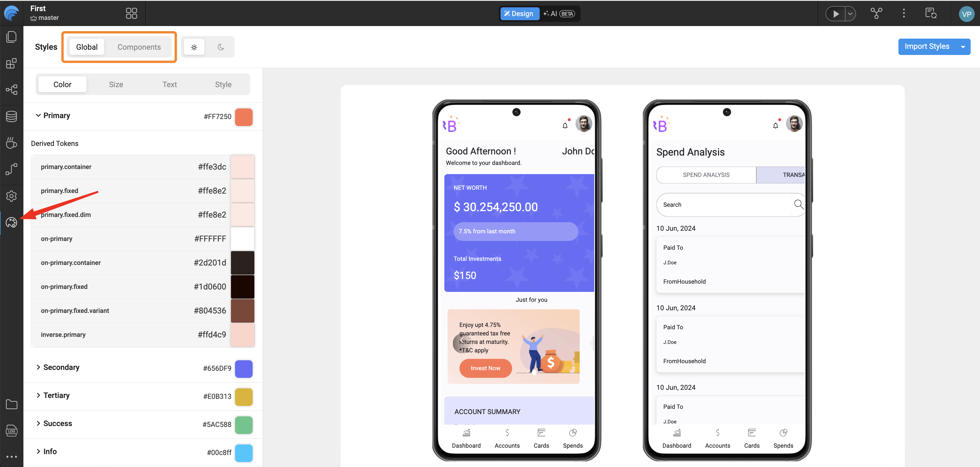Style Workspace with Global and component color tokens on the left and two mobile app preview screens on the right