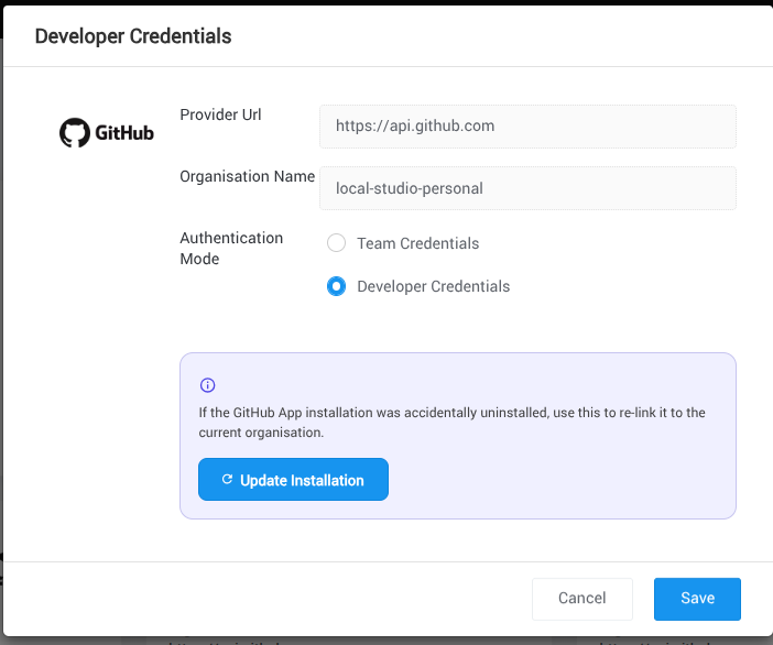 Update GitHub App Installation option in the Code Repository credentials view